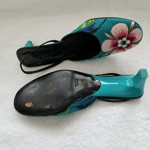 Gucci VTG Turquoise Pink Floral Slingback 39 1/2 B - Picture 2 of 8